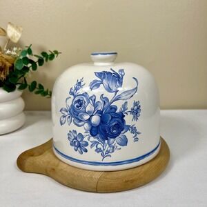 Vintage Porcelain Floral Cheese Ball Cover w/ Wood Base